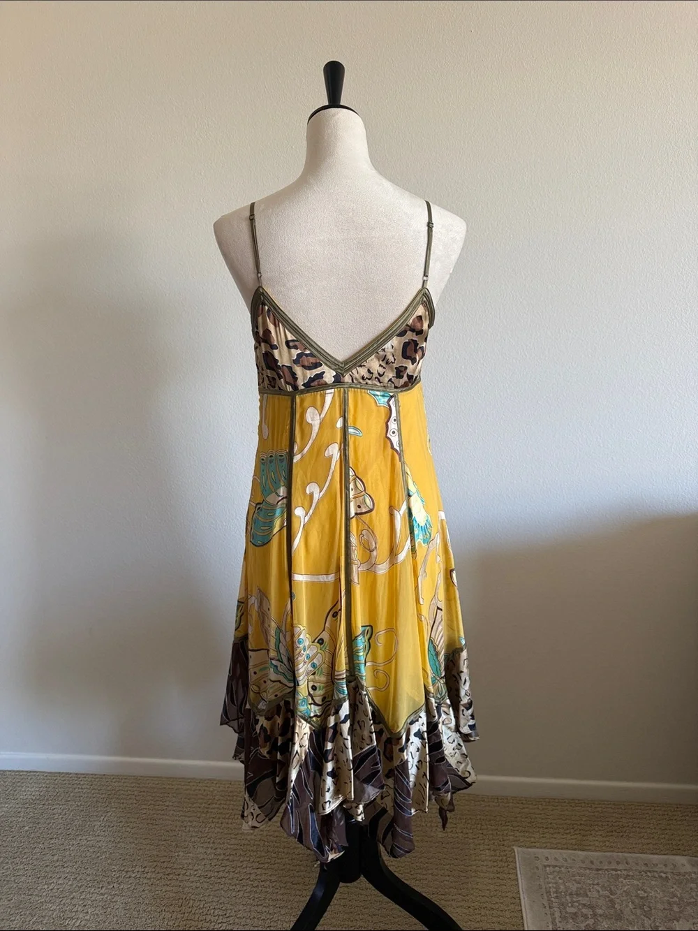 Sue Wong Mustard Yellow and Brown Floral Silk Slip Dress - Picture 6 of 10